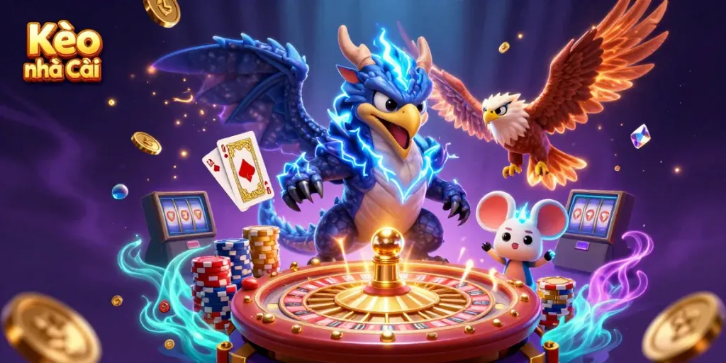 Kèo nhà cái scene with dragon, hawk, and thunder mouse amidst casino and gaming elements.