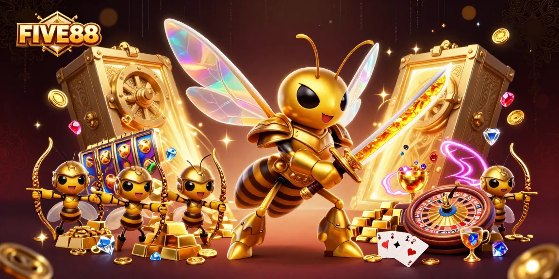 Experience the thrill of gaming with FIVE88’s vibrant casino scene featuring golden treasures and dynamic characters.