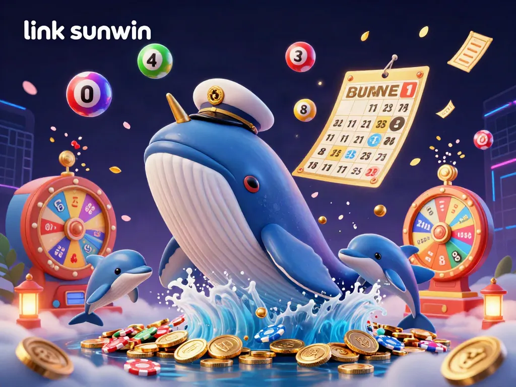 Engage with the gaming excitement of link sunwin, featuring a cartoon whale and lively dolphins amidst dynamic casino elements.