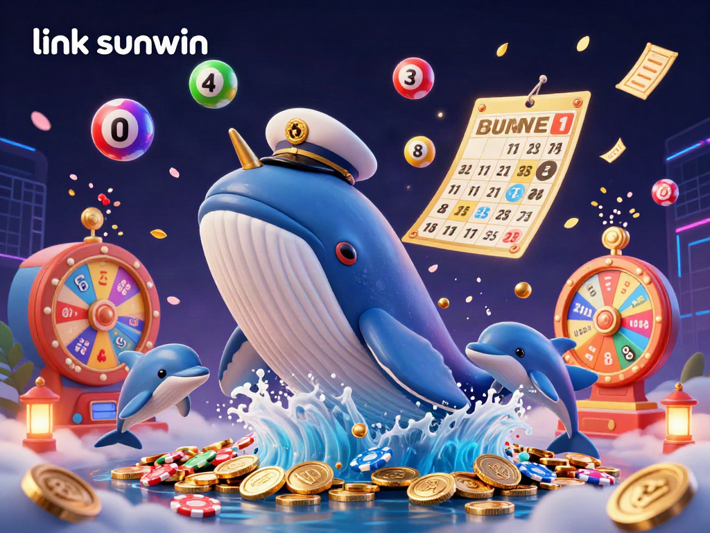 Engage with the gaming excitement of link sunwin, featuring a cartoon whale and lively dolphins amidst dynamic casino elements.