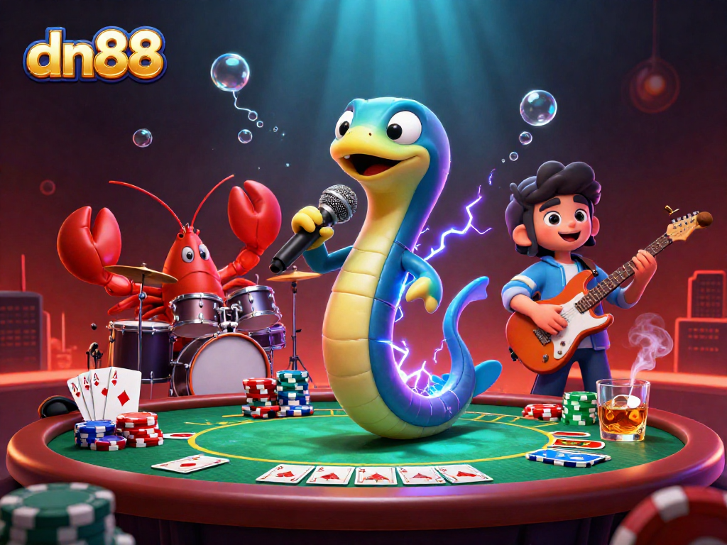 Experience the thrilling underwater casino vibes with dn88 as electric eel DJs amidst vibrant poker elements.