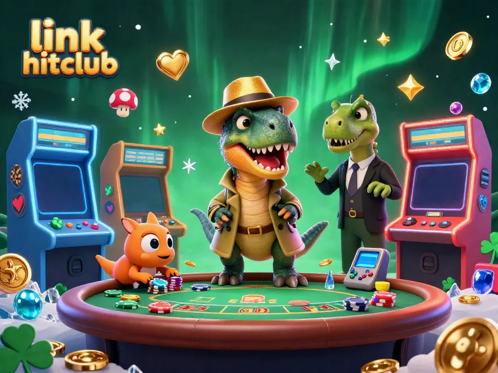 Experience thrilling games at link hitclub with a playful velociraptor, a clever compy, and an attentive stegosaurus in a vibrant, casino-like atmosphere.