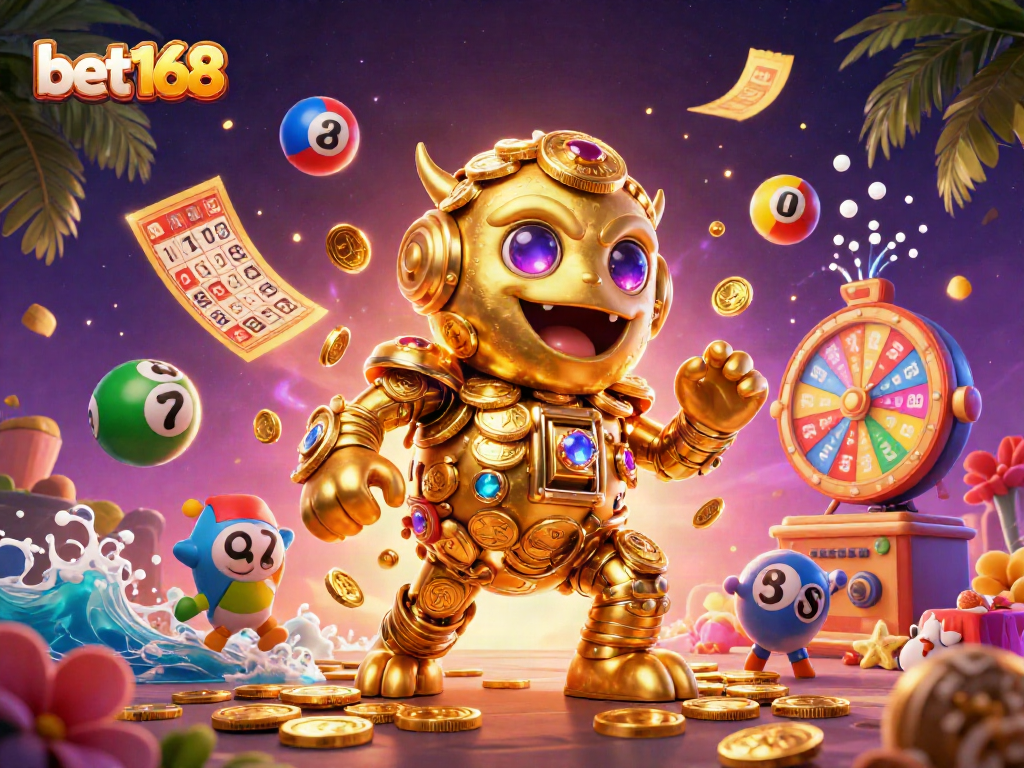 Bet168 showcases dynamic lottery elements with a golden golem amidst colorful balls and vibrant casino imagery.
