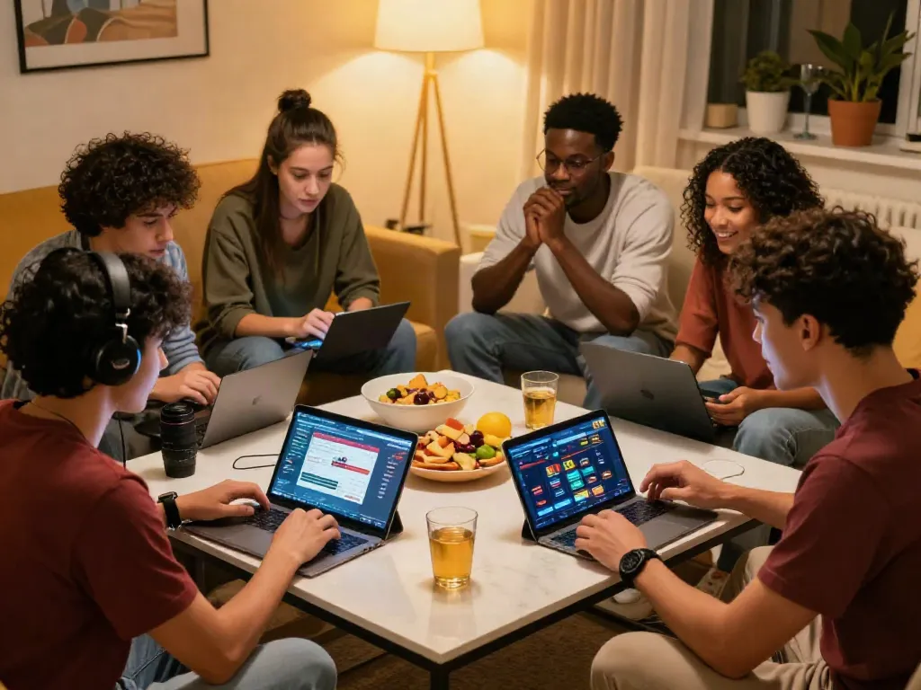Friends enjoying online betting on KU88 with tablets and laptops