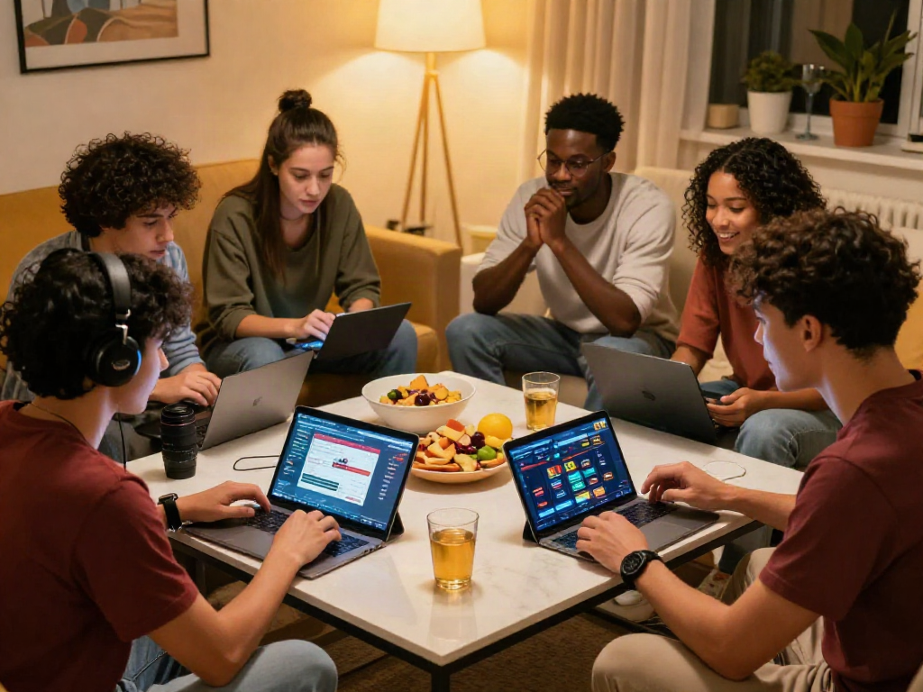 Friends enjoying online betting on KU88 with tablets and laptops