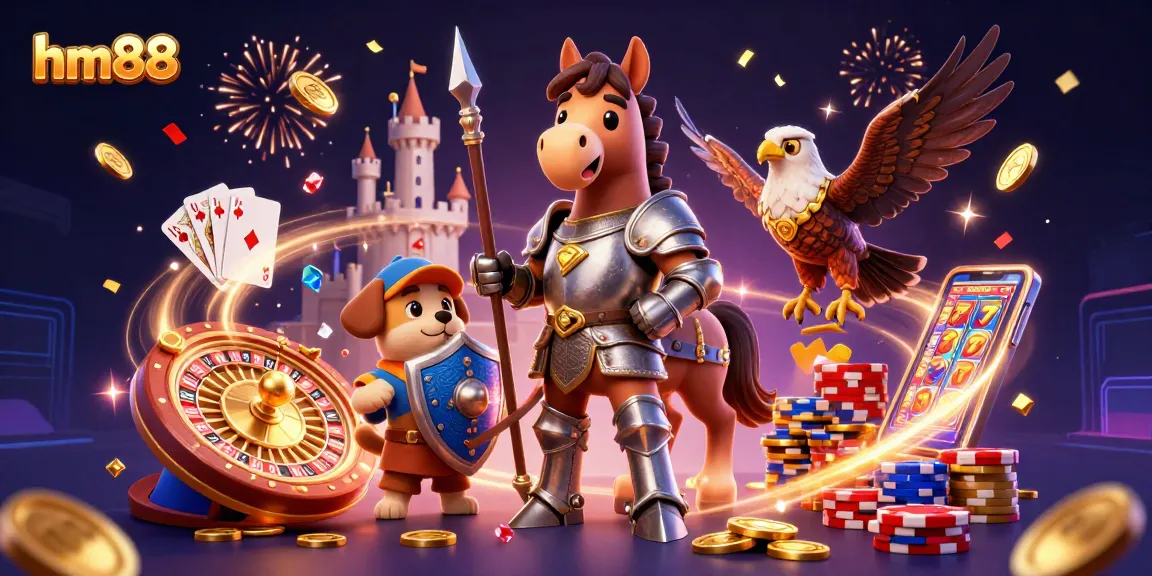 Experience the excitement at hm88 with a dynamic scene filled with gaming elements, joyful characters, and rich details