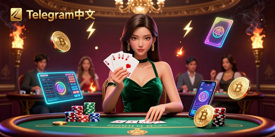 在生动的赌场场景中,与Telegram中文互动,一位专注的亚洲女性手持扑克牌。