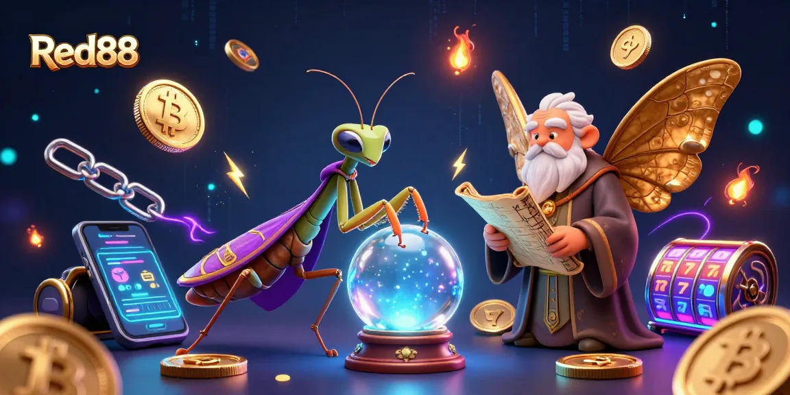 Experience the vibrant world of Red88 with a 3D illustration featuring dynamic characters, slot game elements, and cryptocurrency visuals.