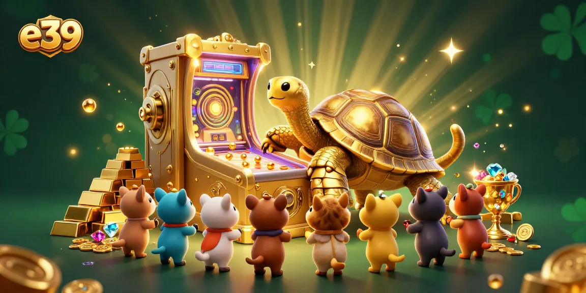 Experience thrilling wins at e39 with vibrant casino elements and a golden tortoise in this joyful illustration.