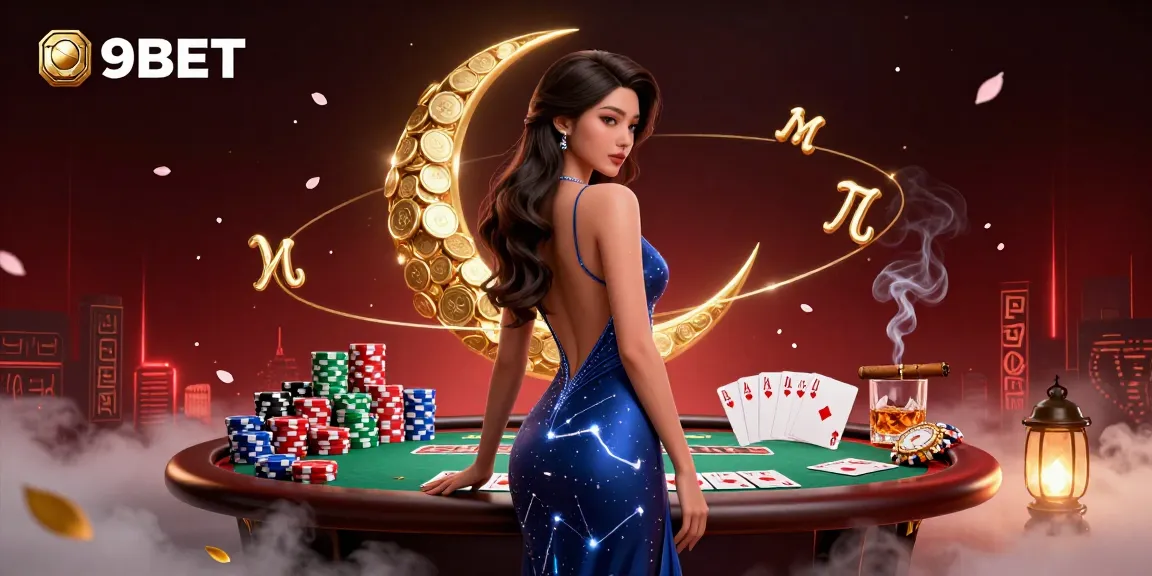 Experience the thrill of 9BET with an elegant character amidst vibrant poker elements, delivering an immersive casino atmosphere.