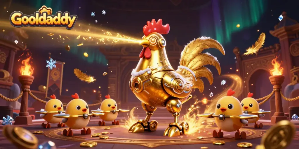 Experience thrilling action with Goaldaddy's golden rooster robot in a vibrant casino arena