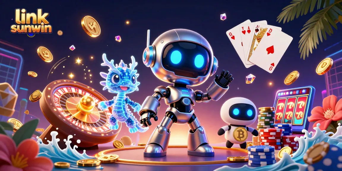 Win big with link sunwin in vibrant 3D casino illustration featuring cute characters and lively game elements.