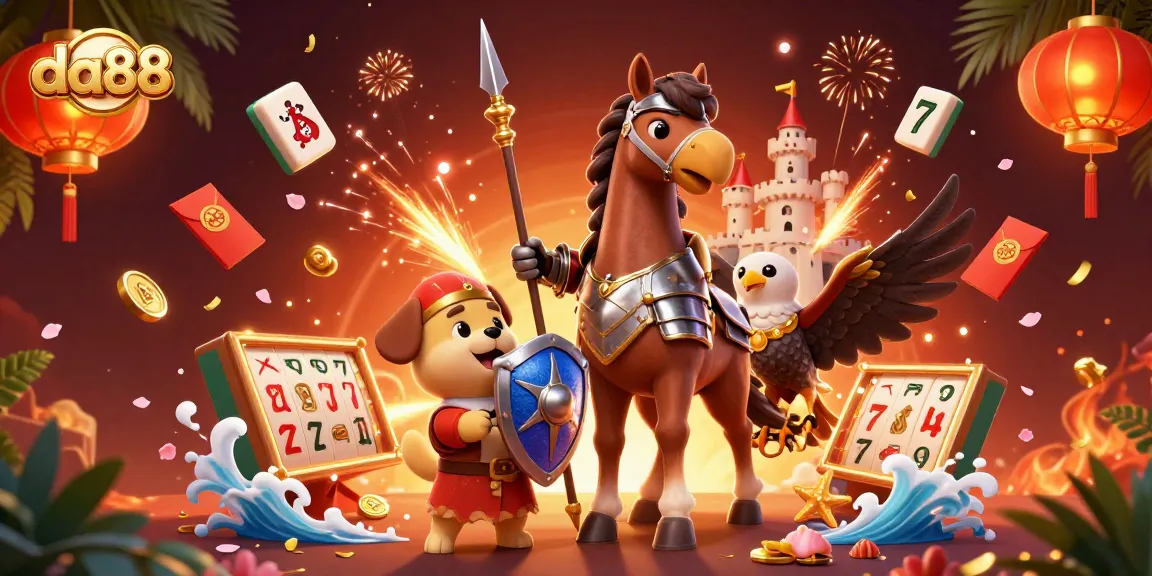 Engage with da88's vibrant gaming scene featuring a knight, puppy, and falcon amidst dynamic gambling elements.