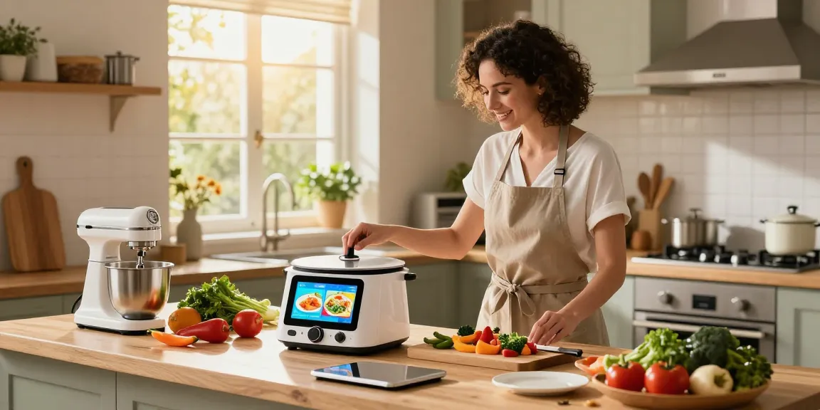 Home cook preparing a meal with AI cooking gadgets, showcasing modern kitchen innovations and fresh ingredients.