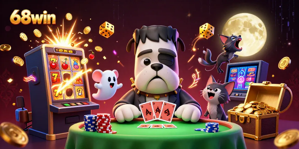 Join the thrilling 68win experience with cartoon characters at a lively casino scene, surrounded by winning symbols and games.