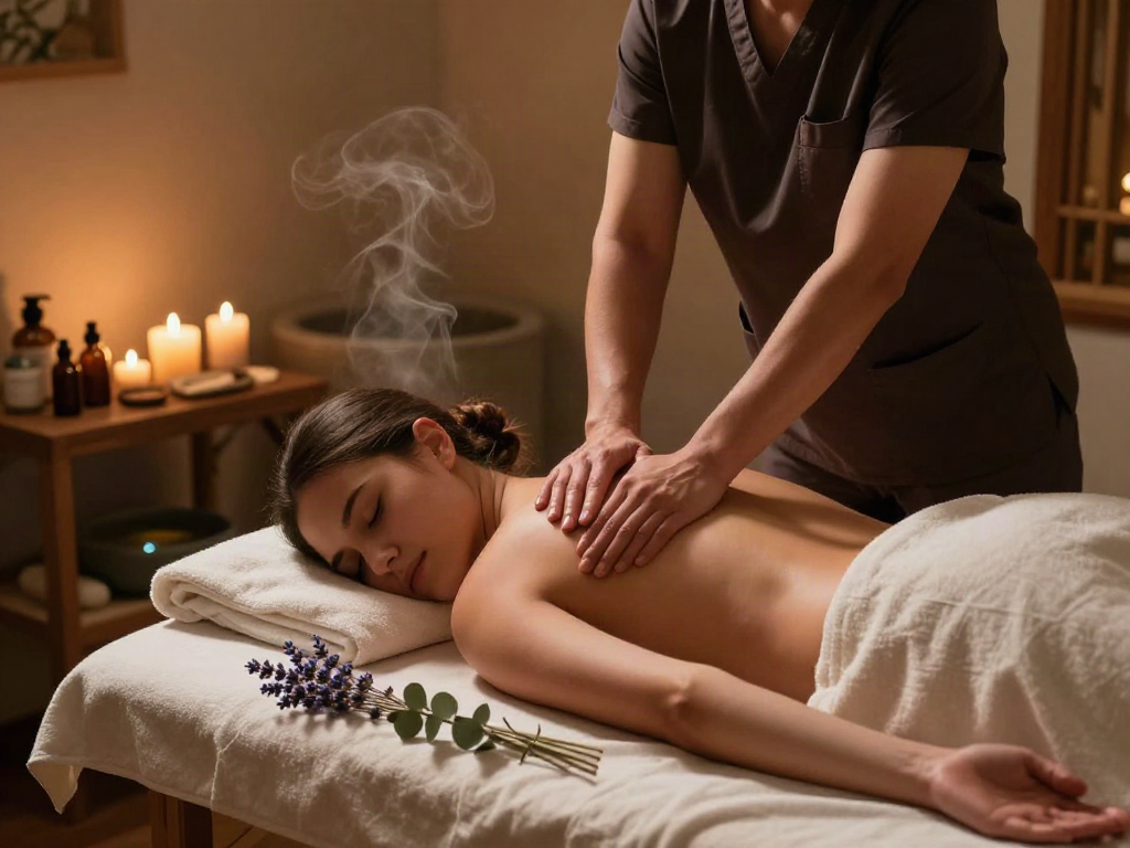 Relaxing 용인출장마사지 session in a tranquil spa environment with a therapist using organic oils.