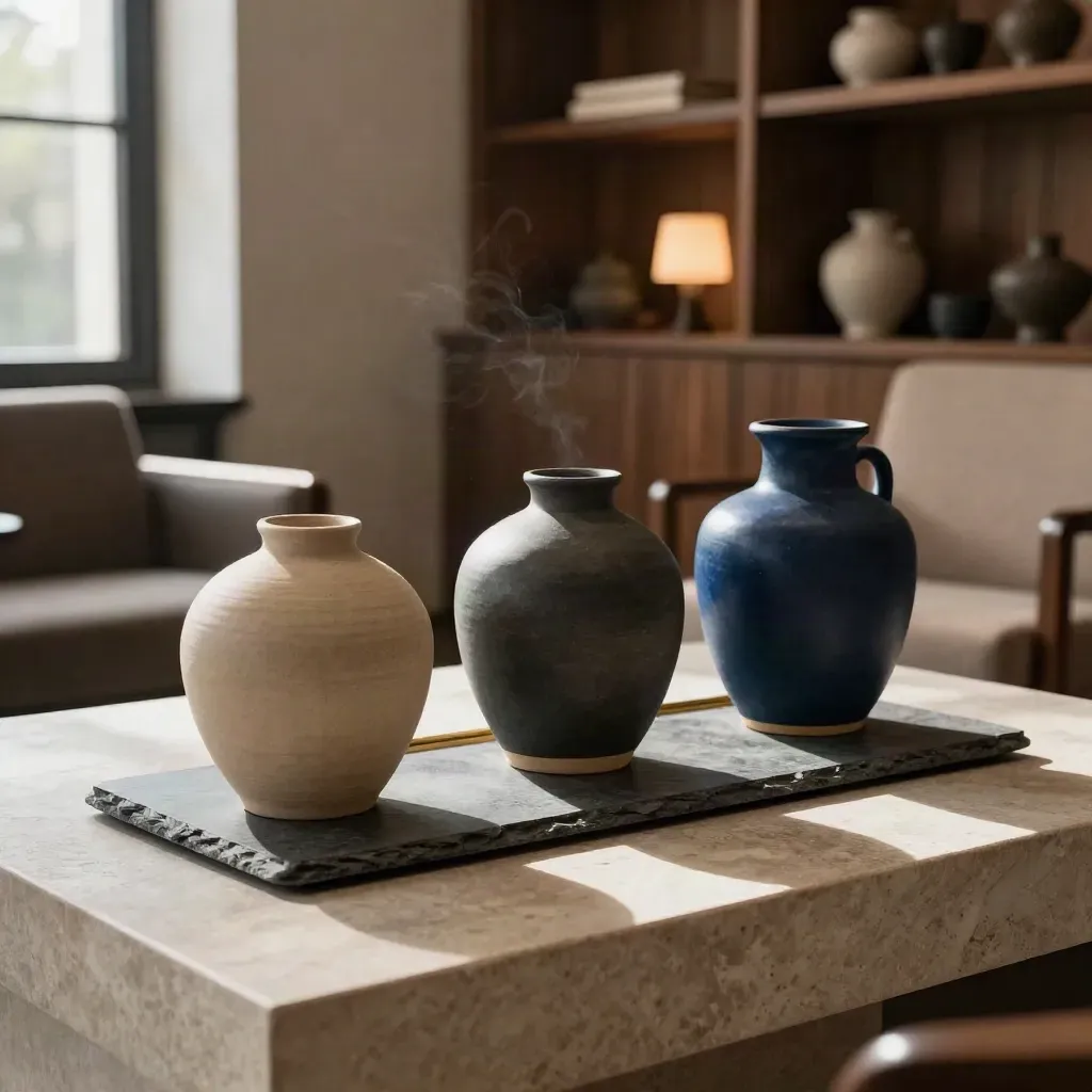 Drie keramische vaten op leisteen in een warme advieshoek met brass accent.