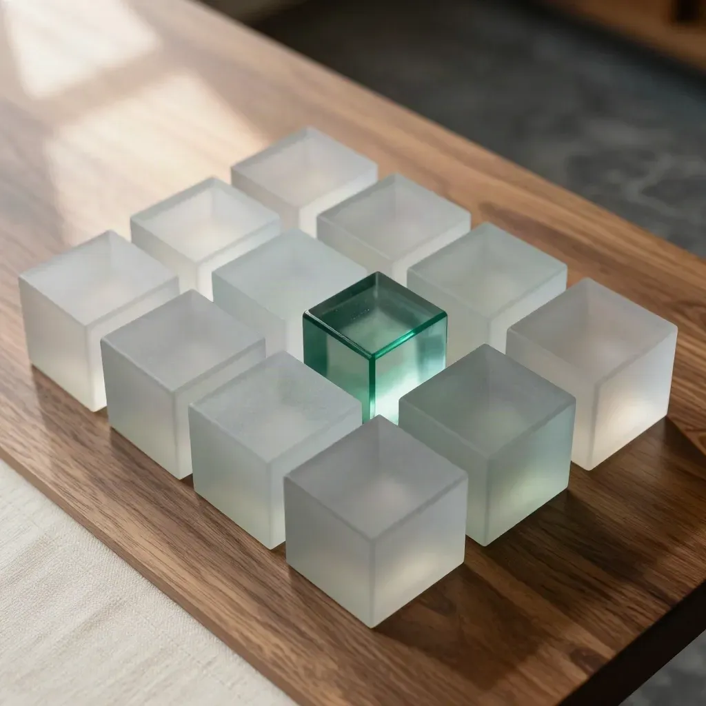Bovenaanzicht van houten blokjes, matglasgewichten en een groen glazen blok in strakke verdeling.