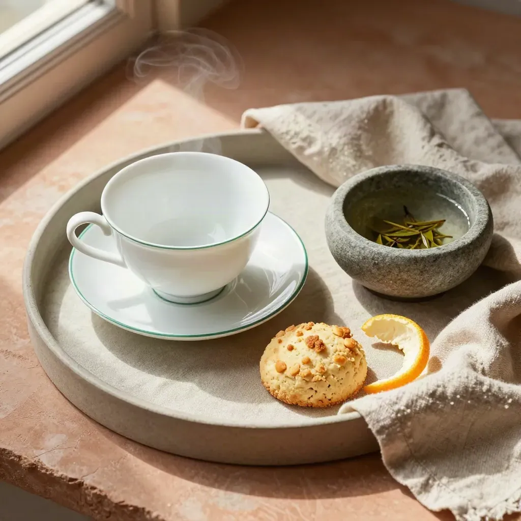 Bovenaanzicht van porseleinen theeservies met biscuit, citrusschil en stenen kom op linnen.