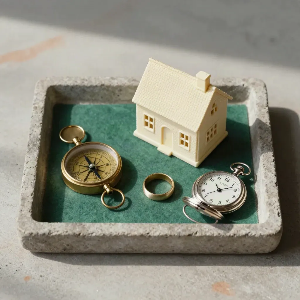 Brass compass, huismodel, ring en zakhorloge in een stenen tray op beton.