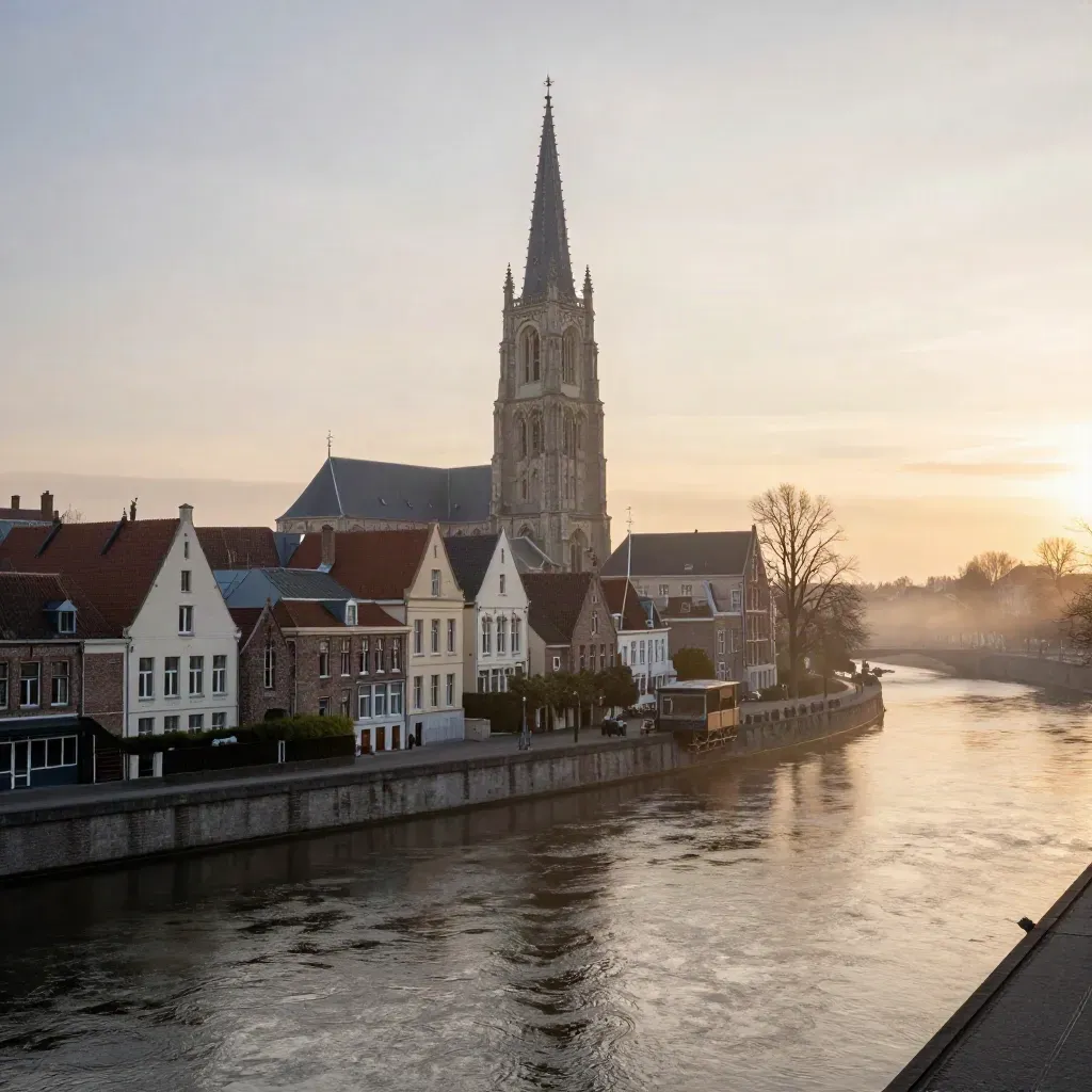 Domtoren boven Utrechtse daken en een rustige rivierbank in gouden ochtendmist.