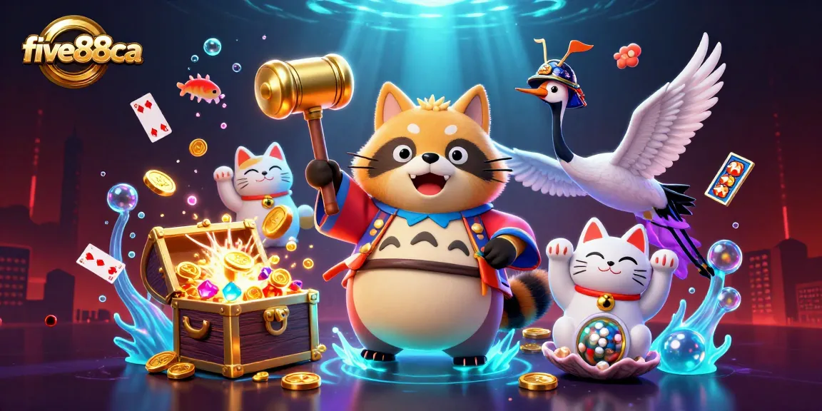 Engage with five88ca's vibrant 3D casino illustration featuring cheerful characters and dynamic game elements.