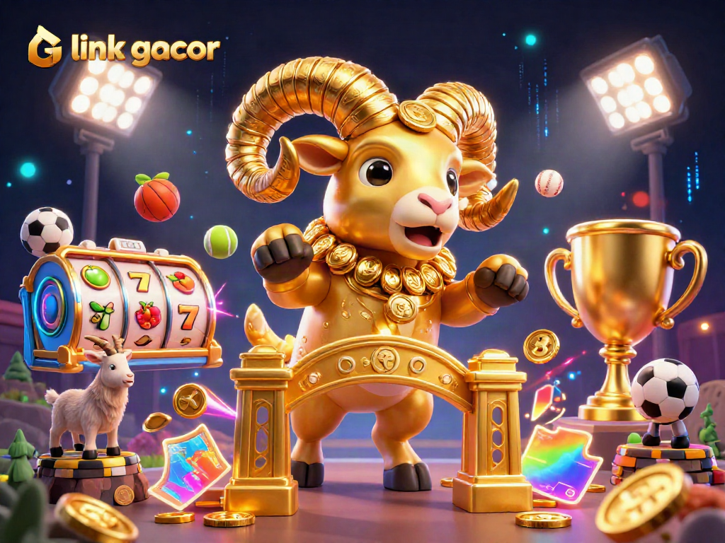 Experience the excitement of link gacor with a dynamic 3D scene featuring slot reels, jackpots, and thrilling sports elements.