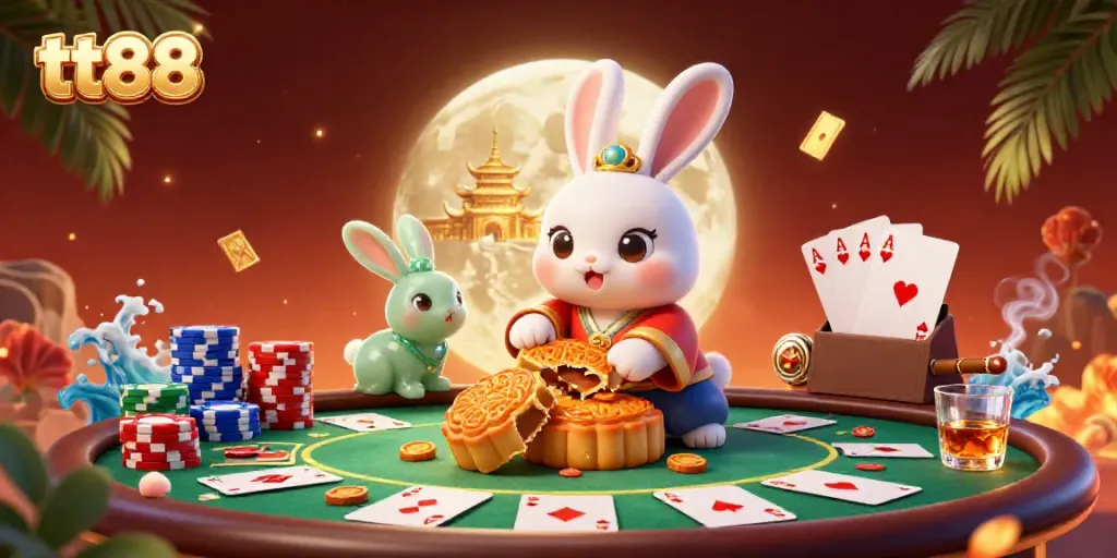 Win big at tt88 with a vibrant lunar casino illustration featuring poker chips and game elements.