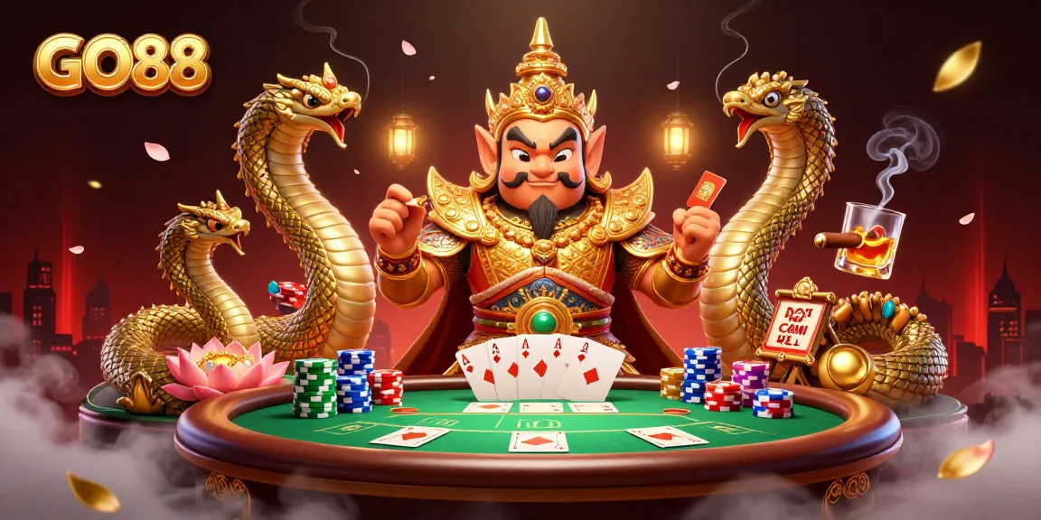 Engage with GO88's vibrant casino scene featuring a Thai temple guardian and poker action.