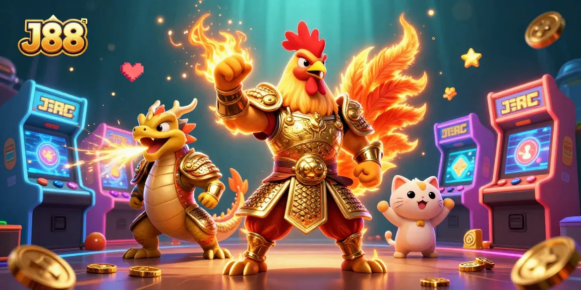 Engage in thrilling gameplay with J88's dazzling 3D cartoon scene featuring a fighting rooster and dragon.