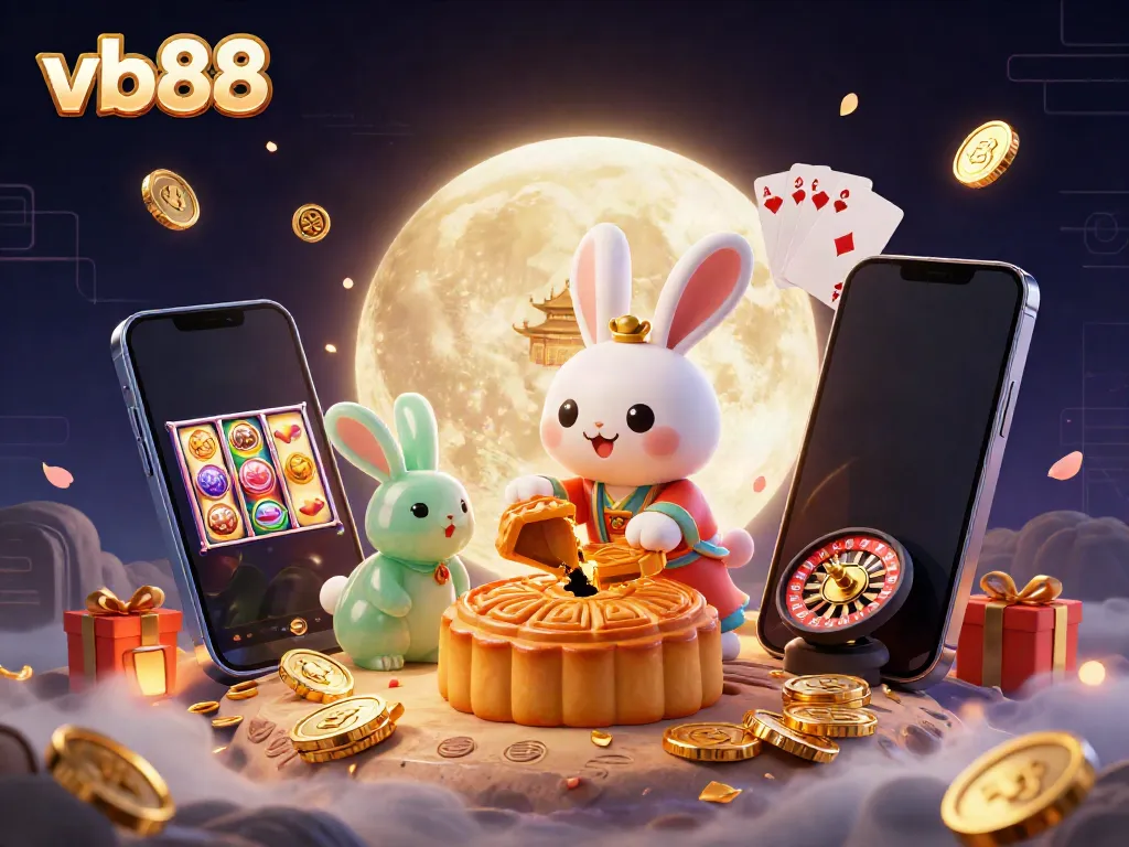 Engage with the excitement of vb88's lunar casino theme featuring rabbits, poker chips, and vibrant gaming elements.