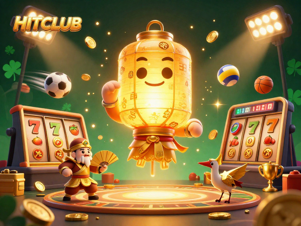 Experience excitement at HITCLUB with a dynamic casino scene showcasing golden spirits and lively game elements.