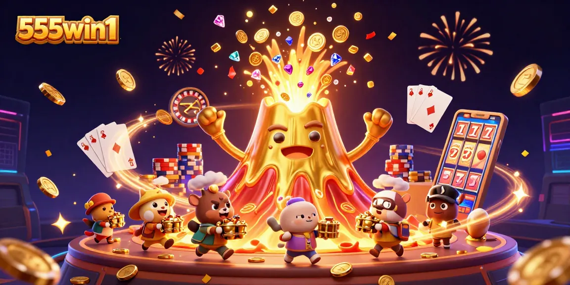 Experience thrilling wins at 555win1 with vibrant games and a whimsical treasure scene.