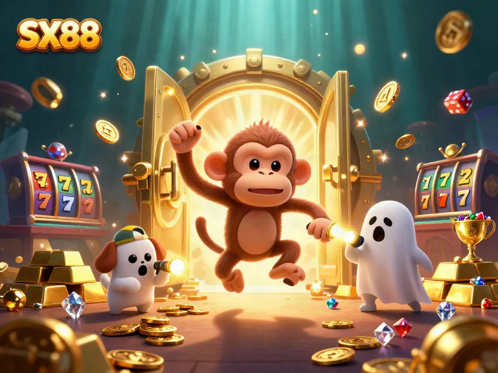 SX88 showcases a mischievous monkey and ghost-hunter puppy in a thrilling casino scene filled with golden treasures.