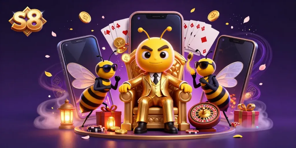 Experience thrilling s8 casino action with a lively scene featuring a bumblebee mob boss in a vibrant gambling setting.