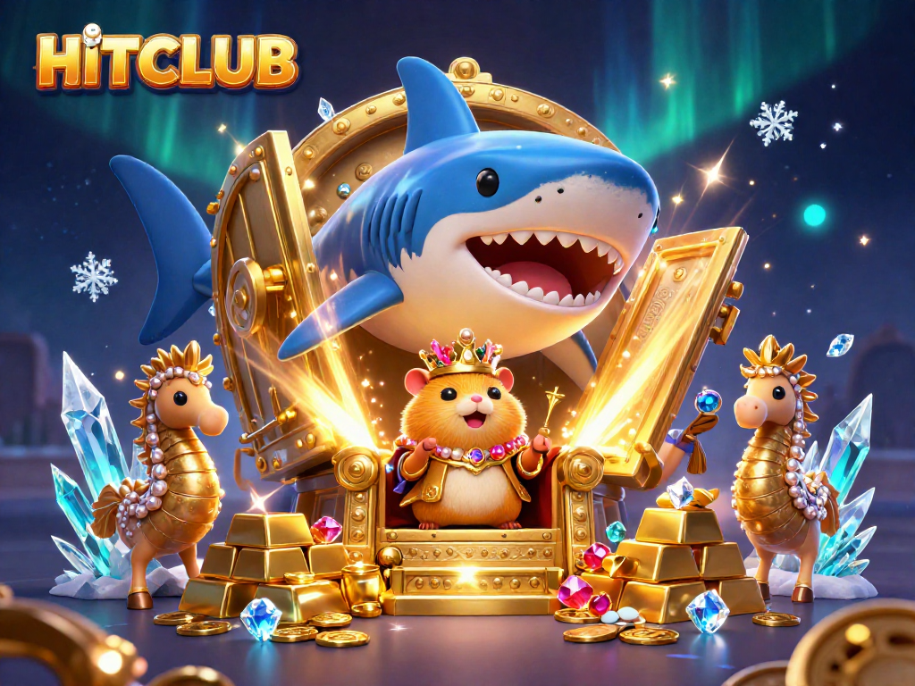 Experience the thrill of HITCLUB with golden treasures and vibrant characters in a dynamic casino scene.