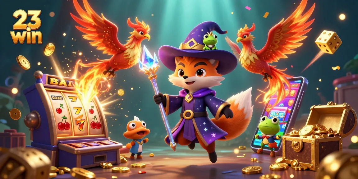 Engage with 23 win in a vibrant 3D casino scene showcasing slot machines, gold coins, and mystical characters.