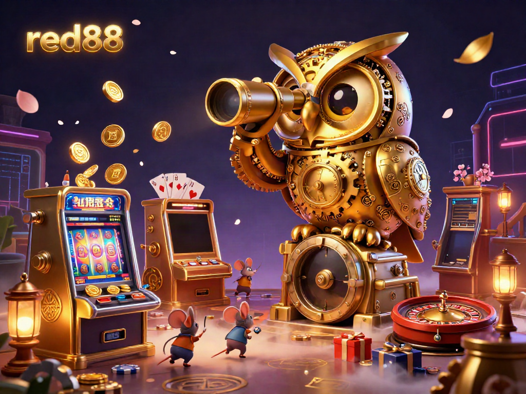 Experience exciting gameplay at red88 with a whimsical 3D illustration of a clockwork owl overseeing a vibrant casino.