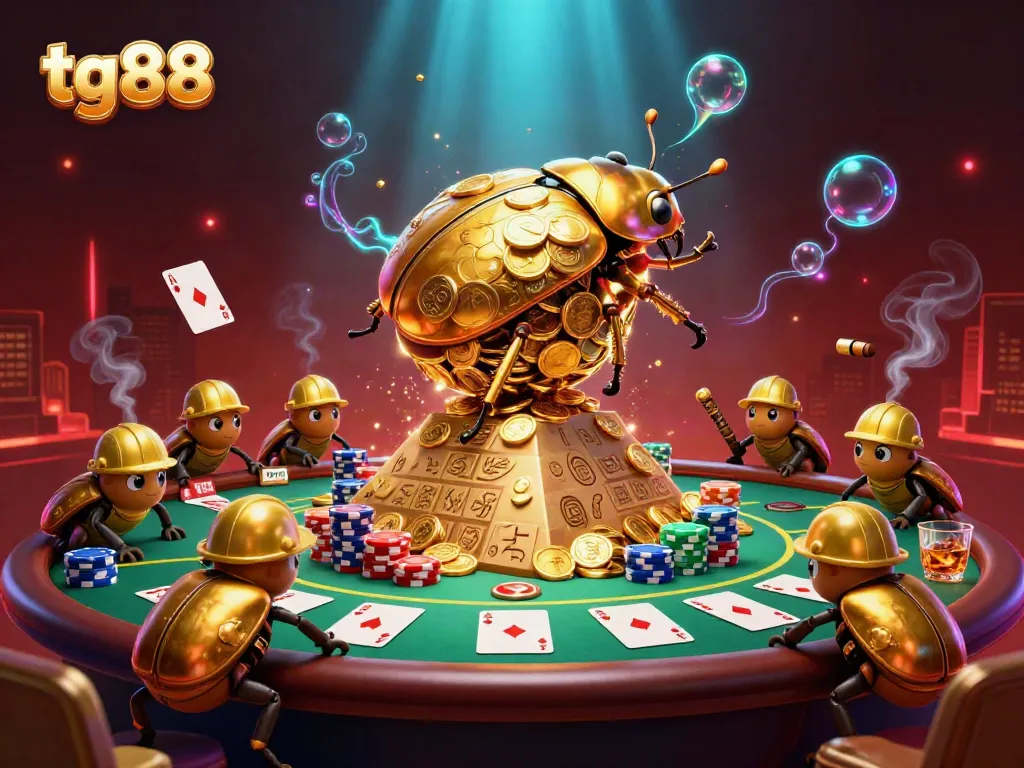 Play exciting games at tg88 with a vibrant 3D illustration showcasing a beetle scene filled with casino action.
