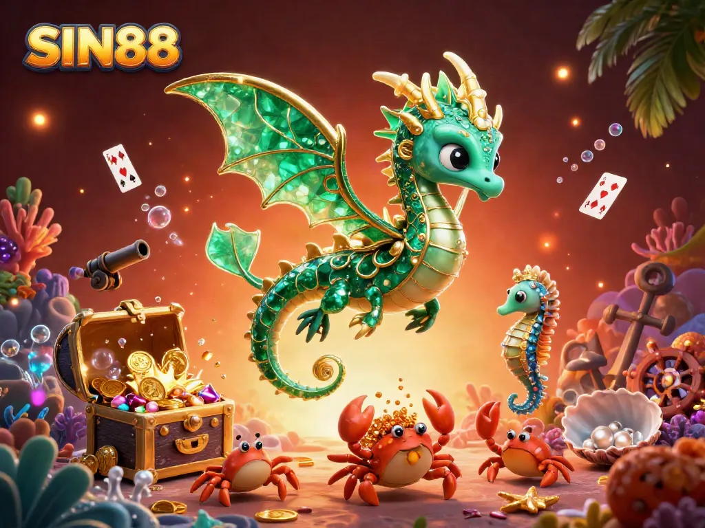 SIN88 showcases an emerald sea dragon amidst gold coins and glowing gems in vibrant underwater casino.