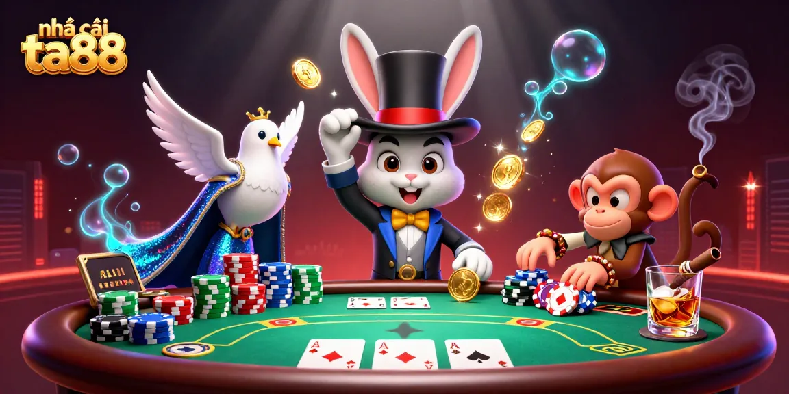 Play exciting games at nhà cái ta88 with a magician rabbit, dove, and monkey in this dazzling illustration.
