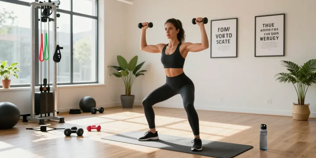 Dynamic fitness scene with a woman lifting weights at https://biolabshop.nl/ in a bright studio.