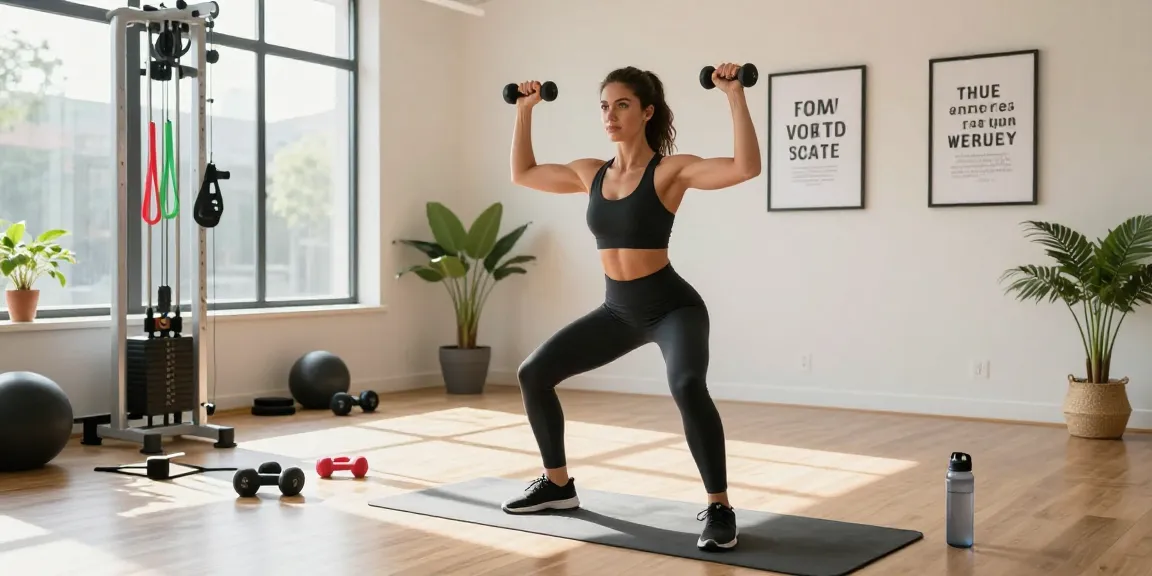 Dynamic fitness scene with a woman lifting weights at https://biolabshop.nl/ in a bright studio.