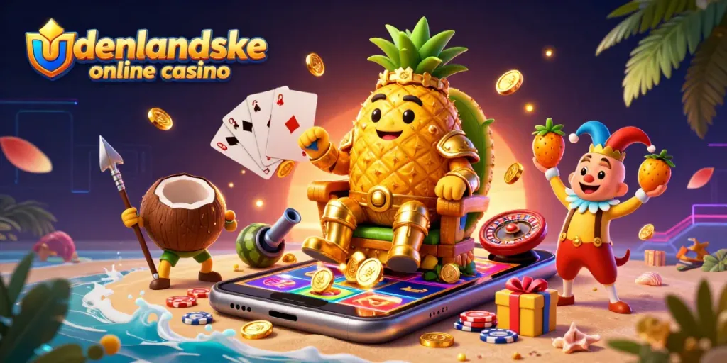 Engage with udenlandske online casino through a vibrant 3D illustration featuring a humorous and tropical scene.