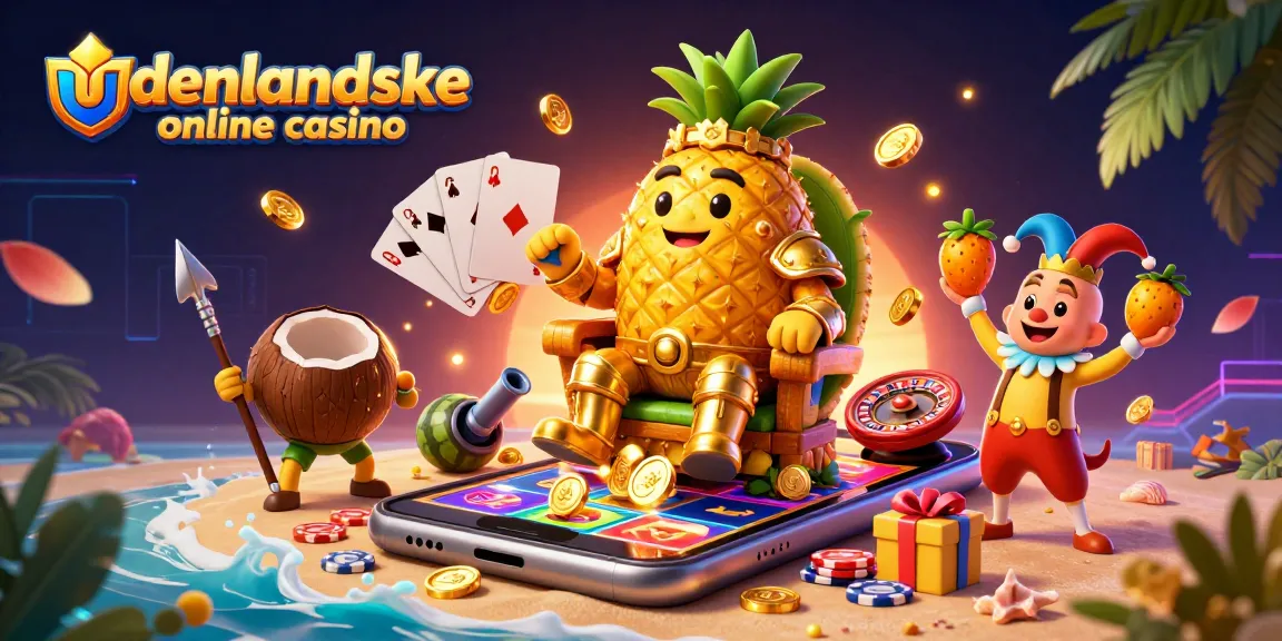 Engage with udenlandske online casino through a vibrant 3D illustration featuring a humorous and tropical scene.