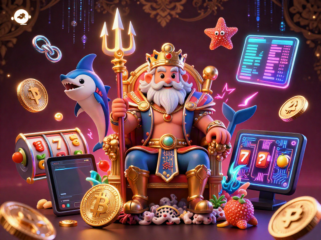 Spin the reels with safew as Neptune guards your crypto adventure in a vibrant casino scene.