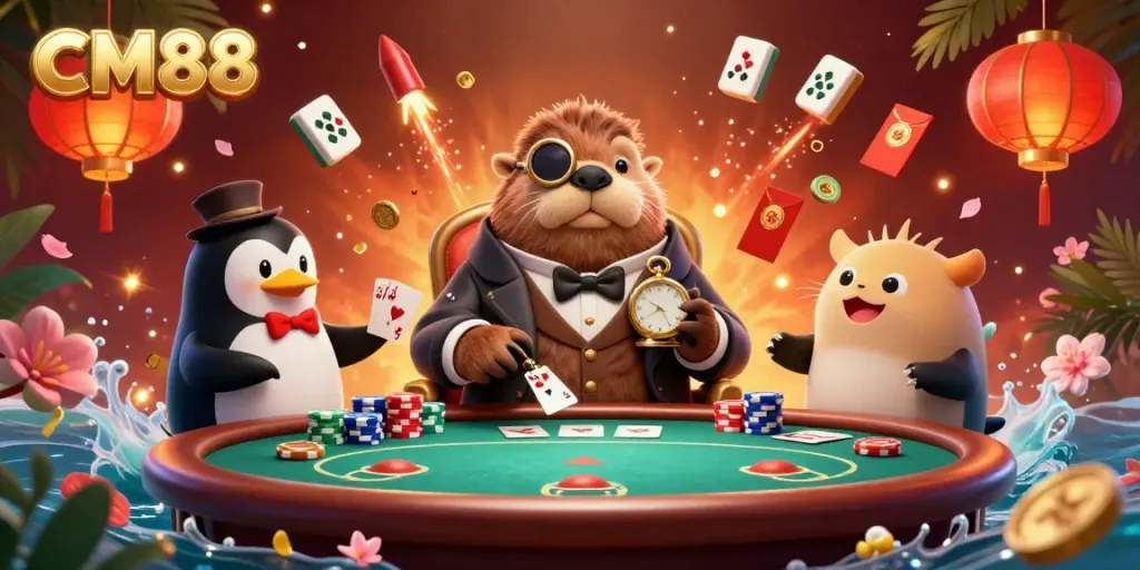 Experience excitement with CM88 at an underwater poker table featuring whimsical characters and vibrant game elements.