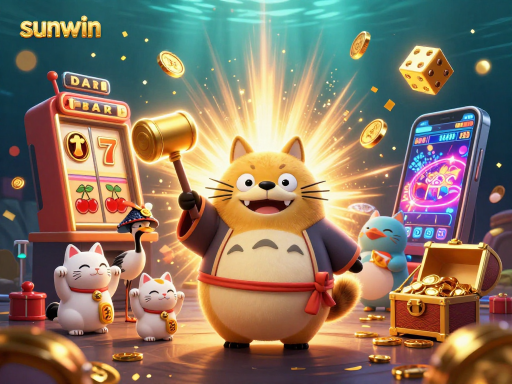Engage with sunwin's thrilling atmosphere featuring a cheerful tanuki, crane, and fortune cats in a dynamic casino scene.