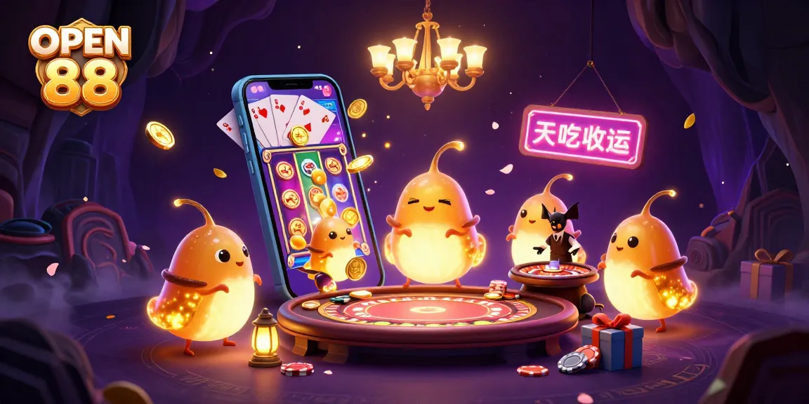Engage in thrilling gameplay at OPEN 88's dynamic casino scene with animated glowworms and a bat dealer.