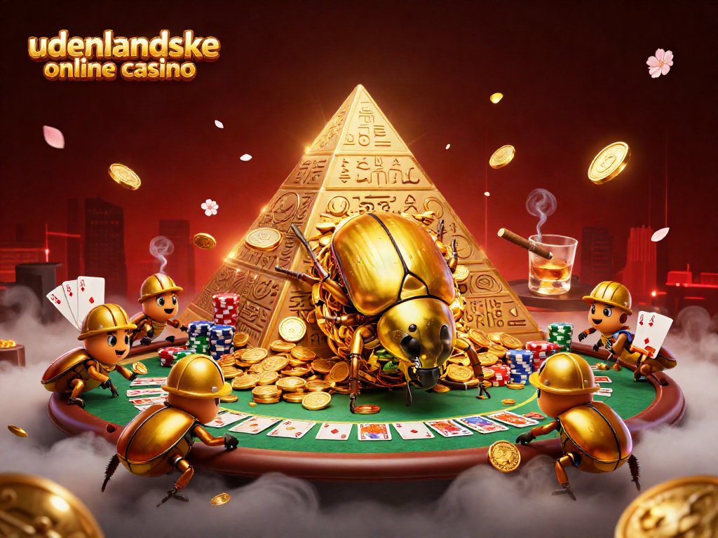 Engage with udenlandske online casino through a vibrant 3D scene of beetles and casino elements.